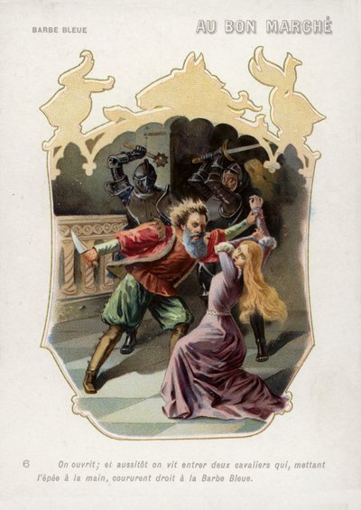 Kékszakállú feleségét testvérei (chromolitho) érkezése menti meg a férjétől a haláltól alkotó: French School