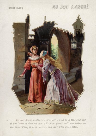 Kékszakállú felesége azt mondja nővérének, Anne-nek, hogy másszon fel a kastély tornyába, és vigyázzon testvéreire (chromolitho) alkotó: French School