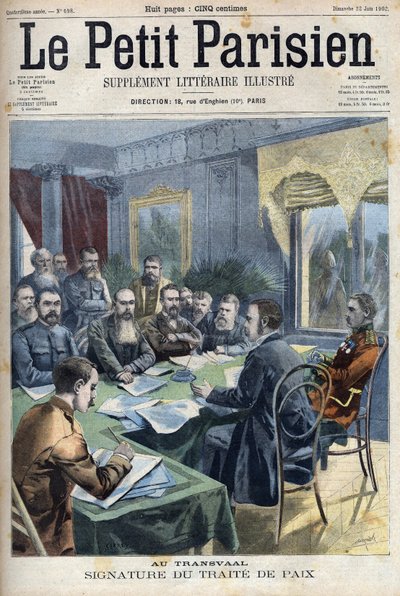 Búr háború. A transzvaali békeszerződés aláírása a búr főnökök és Horatio Herbert Kitchener brit tábornok (1850-1916) között Pretoriában, Dél-Afrikában. Metszet a „Le Petit Parisien”-ben alkotó: French School