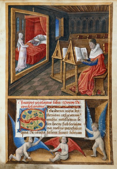 Boethius és a filozófia, illusztráció a „A filozófia vigasztalása” c. alkotó: French School