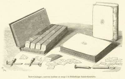 Katalógusdoboz, új rendszer használatban a Bibliotheque Sainte-Genevieve-ben (metszet) alkotó: French School