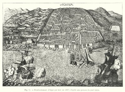 Algír tengeri bombázása, 1683-ban; 17. századi metszet után (metszet) alkotó: French School