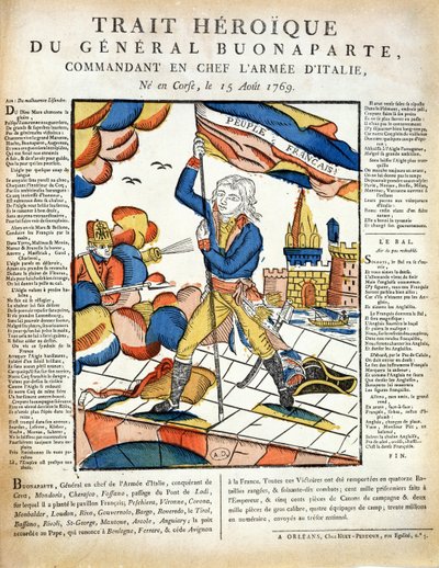 Bonaparte (1769-1821) kitűzi a francia zászlót a Lodi-hídon, 1796. május 10-én a LImagerie Populaire-ből, P.L. Duchartre és R. Saulmier alkotó: French School