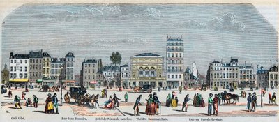 Boulevard Beaumarchais déli oldala - Cafe Gibe - Hotel de Ninon de Laclos - Beaumarchais színház - Rue pas de la mule - Edmond Texier 1852-es metszete a „Tableau-de-Paris”-ban alkotó: French School
