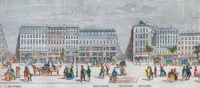 A Boulevard Montmartre a déli oldalon és a Boulevard des Italiens a déli oldalon - Rue Vivienne - Maison Frascati - Rue Richelieu - Cafe Cardinal - Edmond Texier 1852-es metszete a „Tableau-de-Paris”-ban alkotó: French School