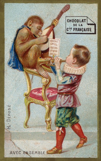 Fiú és majom együtt játszik hangszeren (chromolitho) alkotó: French School