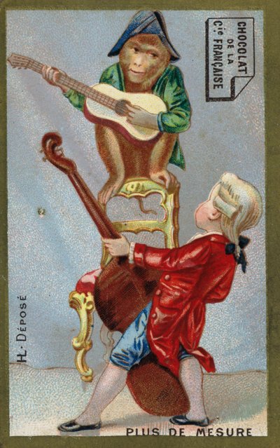 Fiú és majom együtt játszik hangszeren (chromolitho) alkotó: French School