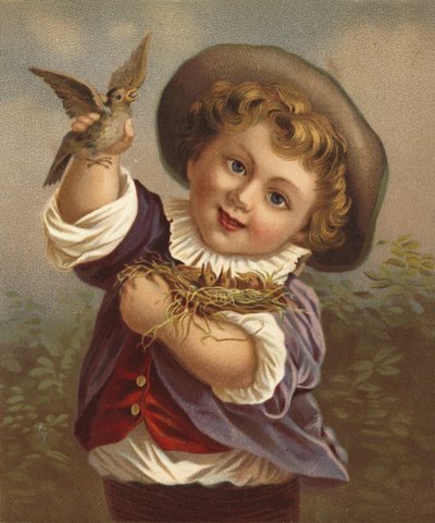 Fiú madarat és madárfészket tart (kromolito) alkotó: French School