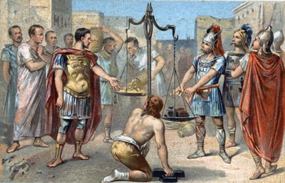 Brennus, a senonok gall törzsének vezetője kimondja a végzetes Vae victis-t (Jaj a legyőzötteknek!), aki nehéz kardját a mérleg fennsíkjába hajította, ami ellensúlyozta azt az arany adót, amelyet a rómaiaktól követelt a Ca ostromának emeléséért. alkotó: French School