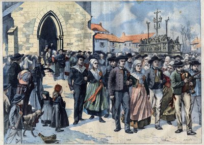 Breton szokás: hagyományos házasságkötés Plougastelben (Finistere, Bretagne). A házasságok elhagyják az egyházat. Metszet a "" Le Petro Parisien" -ben alkotó: French School