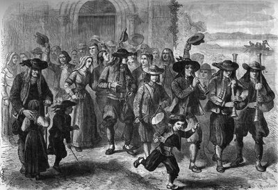 Breton szokás: fiatal házasságkötések a templom kijáratánál. A csapat tetején a biniou és a dob játékosai állnak. Treguennec, Finistere (29) alkotó: French School
