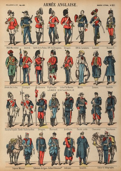 Brit és spanyol katonai egyenruha (színes metszet) alkotó: French School