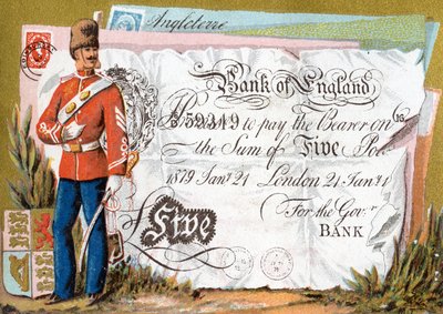 A brit hadsereg katona a Bank of England ötfontos bankjegyét őrzi, 1886-95 alkotó: French School