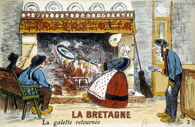 Bretagne: a galette visszakerült a chiminee-hez (krepp) - képeslap, deb. XX. század alkotó: French School