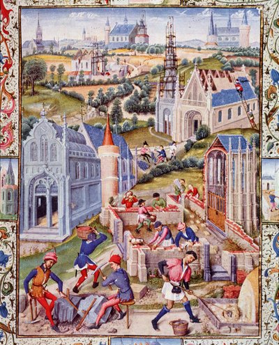 Saint Denis (város) építkezései 12 templom építésére a 12 apát tiszteletére. Miniatúra a "Tres Noble Gerard de Roussillon gróf életéből". alkotó: French School