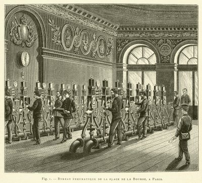 Pneumatikus iroda a Place de la Bourse Párizsban (metszet) alkotó: French School