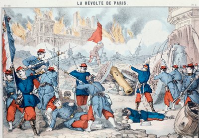 A párizsi városháza felgyújtása és lerombolása a kommunisták által, 1871. május (Epinal-nyomat) alkotó: French School