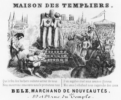 A templomosok égetése, egy drapériás bolt számlacíme, Maison des Templiers, Belz, rue du Temple, Párizs, 1840 körül alkotó: French School