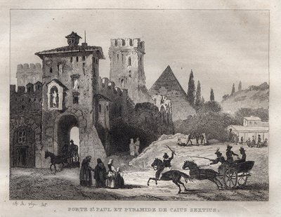 Caius Cestus piramis és Szent Pál kapuja Rómában Porte Saint Paul és Caius Sextus piramis a Rómában - Metszet a „festői Olaszországból” – Olaszország történelmi és leíró festménye””, M. de Norvins, Ch. Nodier 1834-1836. alkotó: French School