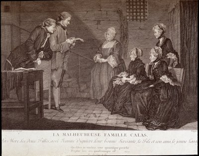 Calas-ügy: Jean Calas (meghalt 1762-ben) szerencsétlen családja: az anya, a két lány, Jeanne Viguiere-rel, a jó szolgájukkal, a fiú és barátja, v. 1762. alkotó: French School