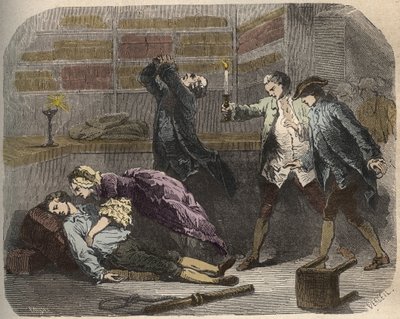Calas eset: 1761. október 13-án Marc Antoine Calast holtan találták a toulouse-i családi butikban - Armand Fouquier (1817-18?) „Causes celebres de tous les peuples” című metszet 1858-1867 - magángyűjtemény alkotó: French School