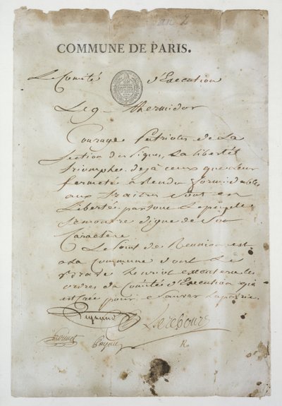 Maximilien de Robespierre (1758-94) hívása, hogy csatlakozzon a Commune-hoz, 9 Thermidor An 2 (1794. július 27.) (toll és tinta papíron) alkotó: French School