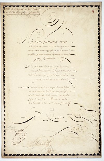 Kalligráfia: Andre Francois Roland 1737-ben kelt recepciós darabja. alkotó: French School