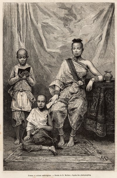 Kambodzsai nő és gyerekek, metszet D.Maillart rajza után, amely a Cochinchine-i utazást illusztrálja, Doktor Morice, 1872-ben, megjelent a „Le tour du monde”” 1875-ben, szerkesztette Edouard Charton, Hachette kiadás, Párizs. Selva kollekció. alkotó: French School