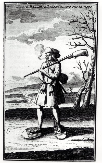 Hócipős kanadai, aki háborúzik a havon, Bacqueville de La Potherie (1663-1736) 1753-ban megjelent Histoire de lAmerique septentrionale című művéből alkotó: French School