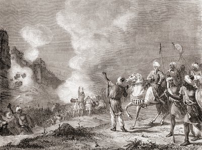Abu Yaqub Yusuf szultán által ostromgépként használt ágyúk a marokkói Sijilmasa 1274-es ostrománál, Les Merveilles de la Science című, 1870 körül megjelent kötetből (metszet). alkotó: French School