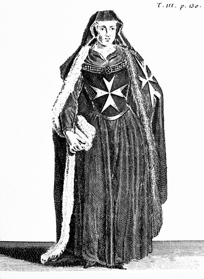 A jeruzsálemi Szent János Lovagrend kanonikusa a rodoszi időszakban, illusztráció Pierre Helyot (1660-1716) „Histoire et Costumes des Ordres Monastiques” című művéből alkotó: French School