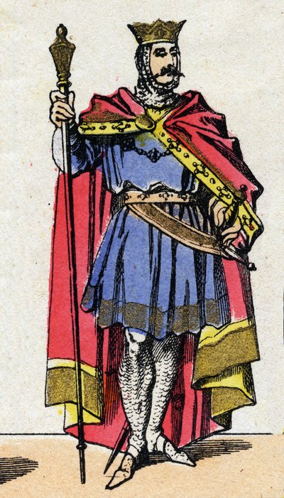 Capetian-dinasztia: Hugues Capet (940-996) portréja, a frankok királya 987-től 996-ig. Epinális képalkotás a 19. század végéről. Magángyűjtemény. alkotó: French School