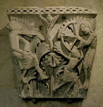A tőke egy férfit ábrázol, aki nyilat lő a másik nyakába, 1125-30 körül (mészkő) alkotó: French School