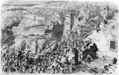 Lagny elfoglalása Farnese által 1590-ben, egy régi metszet után. In "" Histoire Populaire de la France"", sd. 1885 körül. Metszet. alkotó: French School