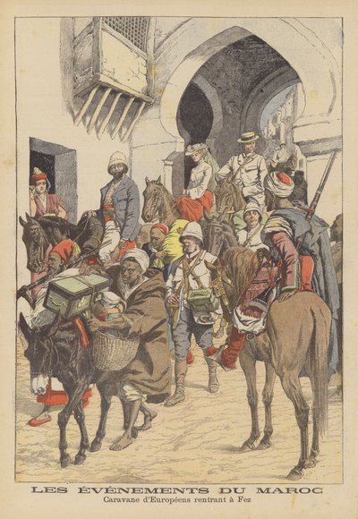 Európaiak karavánja visszatér Fezbe, Marokkó (színes litográfia) alkotó: French School