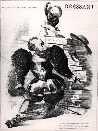 Jean Baptiste Francois Bressant (1815-86) karikatúrája Don Carlos szerepében Victor Hugo (1802-85) „Hernani”-jában, a „Le Masque” borítójának illusztrációja, 1867. augusztus 27. (metszet) (f/w fotó) alkotó: French School