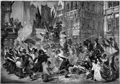 Karneváli jelenet Antwerpen (Belgium) utcáin 1860-ban. Metszet a „” Le Monde Illustré”” 151. számában, 1860. március 3.. alkotó: French School
