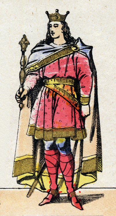 Karoling-dinasztia: V. Lajos dit le Faineant (967-987), a frankok királya 986-tól 987-ig portréja. Epinális képalkotás a 19. század végéről. Magángyűjtemény. alkotó: French School