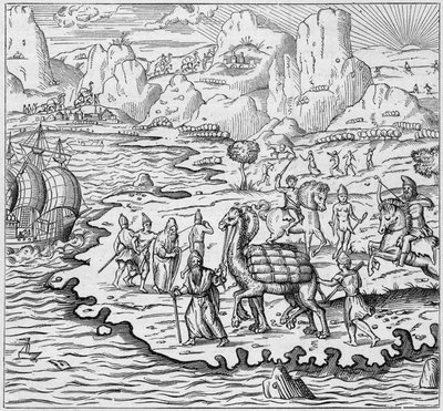 Áruszállítás tevével az alexandriai görög pultból induló hajók rakodásához Európába. Metszet: „La Marine et les colonies: kereskedelem” alkotó: French School