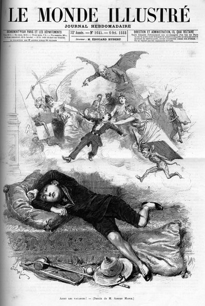 Rajzfilm egy fiatal iskolás fiúról, aki a szünidő végét feddően közeledik az osztálybérlethez 1888-ban. alkotó: French School
