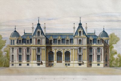 A Pate Brothershez tartozó Neuflize-kastély, kerti homlokzat, illusztráció a Le Moniteur des architectes-ből, 1884, metszett F. Penel (színes metszet) alkotó: French School
