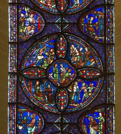 Cathedrale de Charres, ólomüveg: Saint Antoine és Szent Pál élete, remeték, részlet a közepén alkotó: French School