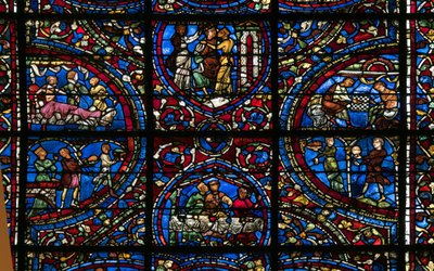 Cathedrale de chartres, ólomüveg: példabeszéd a tékozló fiú részletéről alkotó: French School
