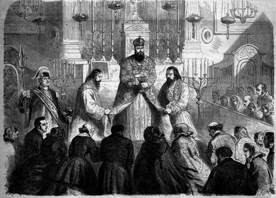 Katolikus szertartás – szentmise – 1860. január 26.: örmény szertartás szerinti misecelebre a mechitaristák elöljárója által a párizsi Notre Dame des Victoires templomban. Metszet a „” Le Monde Illustré”” 147. számában, 1860. február 4. alkotó: French School