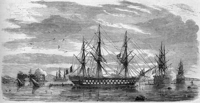 Katolikus ünnepség: Nagypéntek (nagypéntek) Toulonban (Var, 83) 1858-ban. A hajók rúdja keresztben, lobogójuk félkötéllel a gyász jeleként. Metszet a „” Le Monde Illustré”” 53. számában, 1858. április 17-én. alkotó: French School
