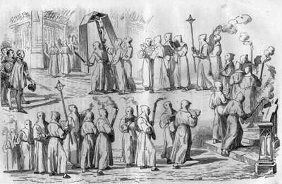 Katolikus mulatság és babonák. Bűnbánók körmenete I. Nagy Othon császár (912-973) Róma támadása során. Metszet a „Histoire des Papes-Rois-Queen and Empereurs a travers les centuries” című könyvébe, Maurice Lachatre alkotó: French School