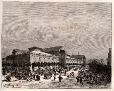 Központi csarnokok Párizsban a 19. században – V.A. „La France illustree: geographie, histoire, Administrationstatistika” metszet. Maláta-barna. 1884 alkotó: French School
