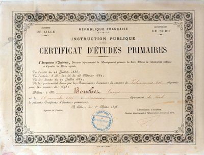 Alapfokú oktatási bizonyítvány, Academie de Lille, 1898 (tintával papíron) alkotó: French School
