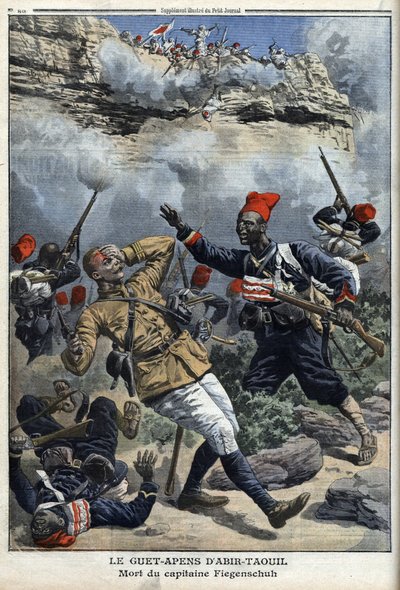 Csád, csapda Abir Taouilban (Abir-Taouil), Fiegenschuh kapitány halála, illusztráció a „Le petit Journal”-ból, illustrique melléklet, 1910. március 6. alkotó: French School