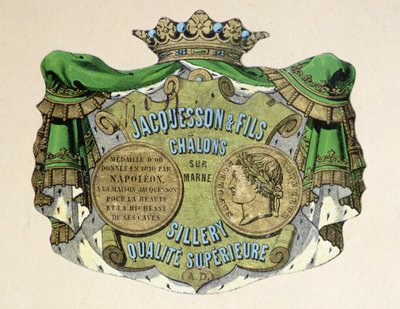 Jacquesson & Fils pezsgőcímke, Champagne Sillery Marque, 19. század közepe (színes litó) alkotó: French School